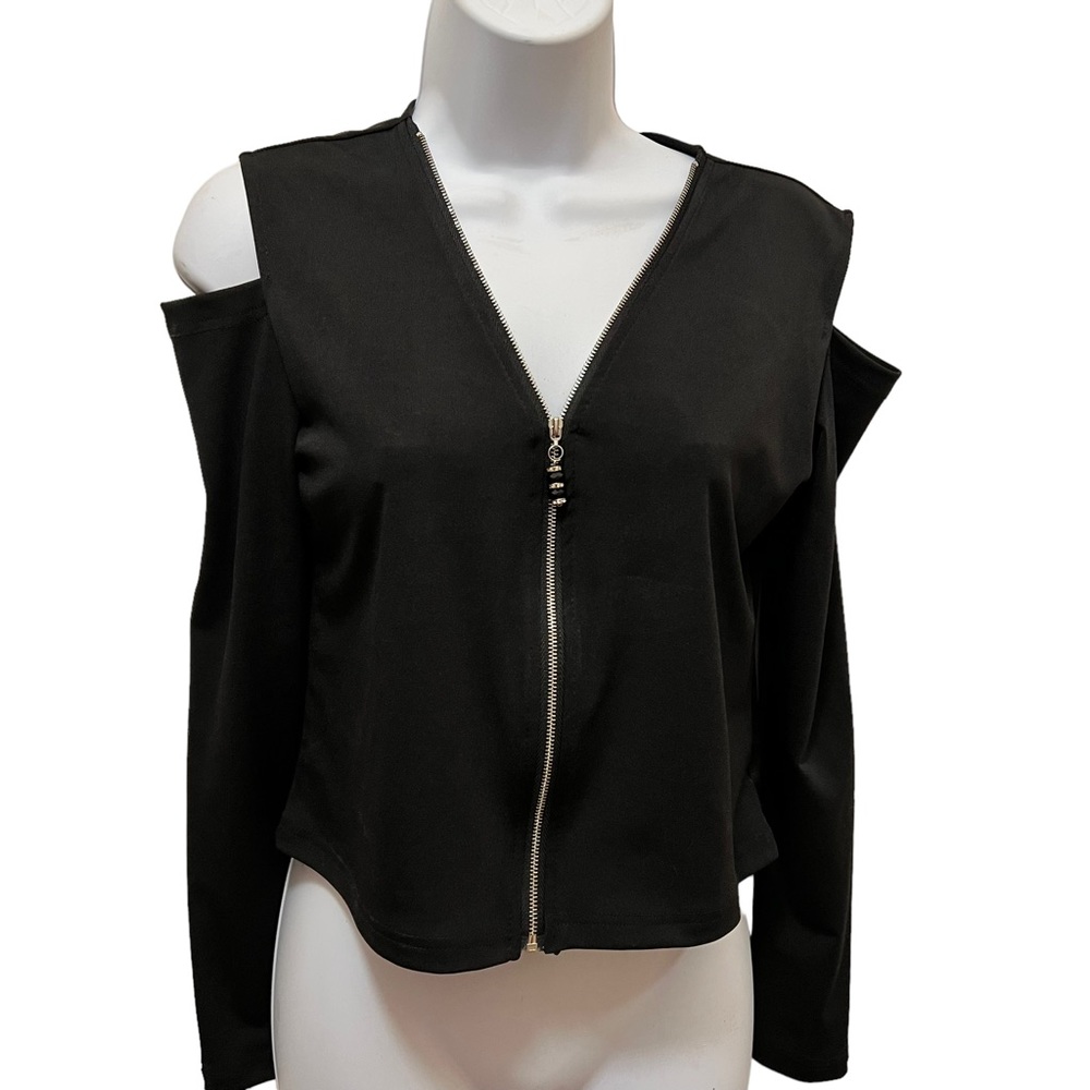Black Open Shoulder Long Sleeve Zippered Front Top Size M